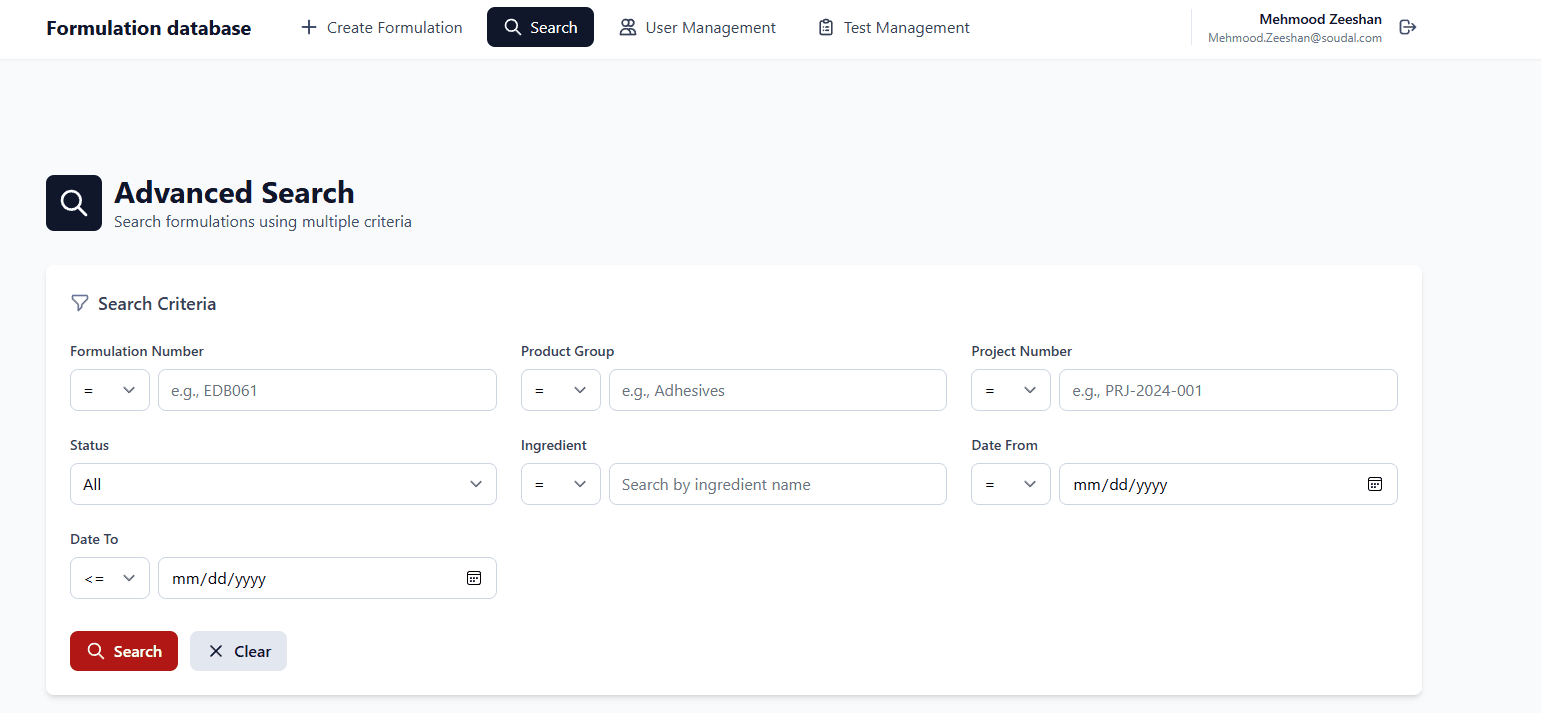 R&D Formulation Database screenshot